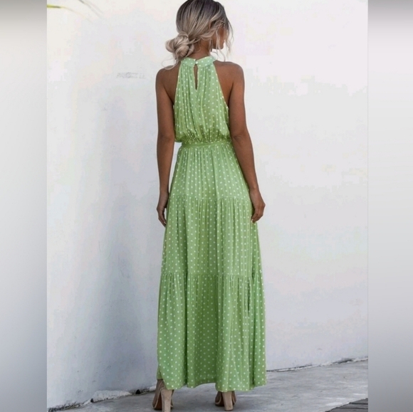 * NEW Chic Polka Dot Tiered Ruffle Halter Maxi Dress Green White - Picture 5 of 10